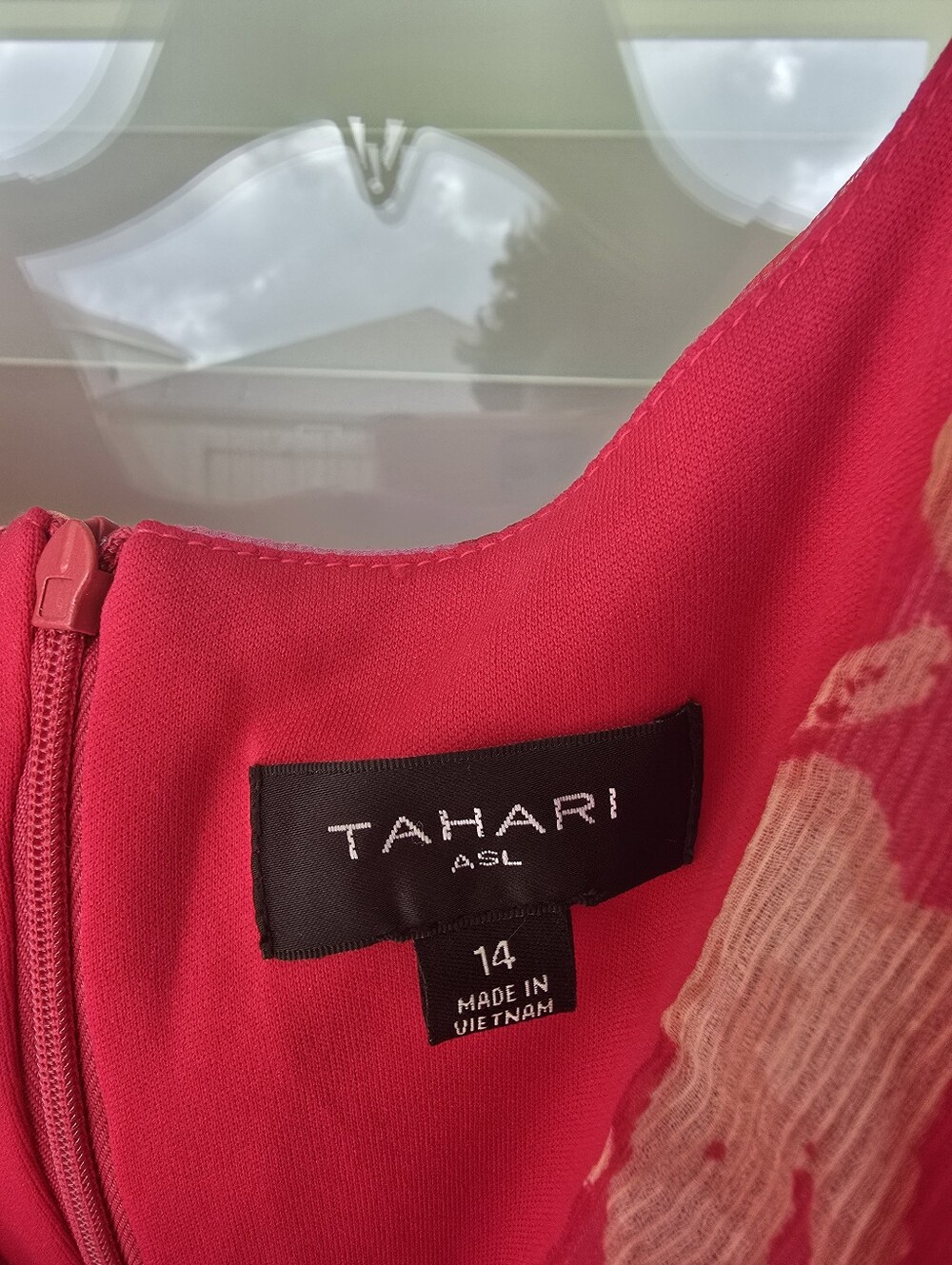 Tahari ASL Floral Wrap Dress Size 14 Pink Red Chiffon Belted Ruffle Wedding Gues - Picture 6 of 10